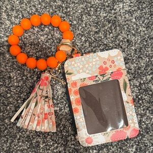 Floral Key & Card Holder with Orange Beaded Bracelet